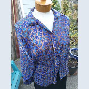 Top: Silk, vibrant blue and gold, leopard print. Size medium - no brand label